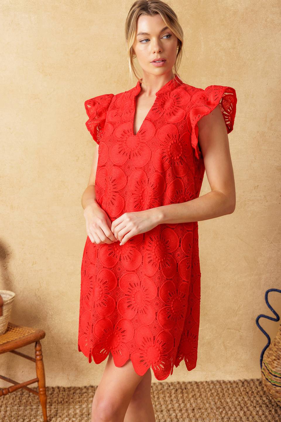 FLEETING WHISPERS LACE WOVEN MINI DRESS Flying Tomato